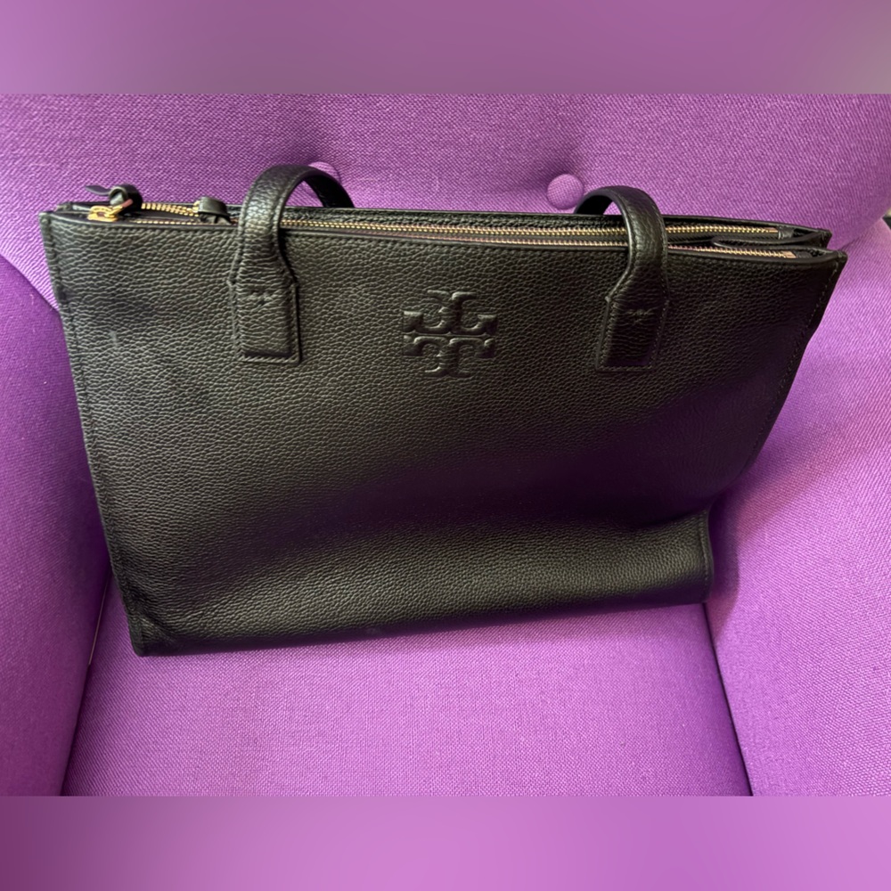 Tory Burch Black Structured Tote with Logo